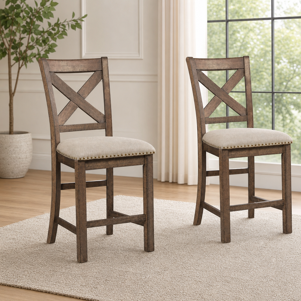 Counter Height Bar Stool Set of 2 — Beige Upholstered, Distressed Nutmeg Wood centered in a warm neutral furnished room