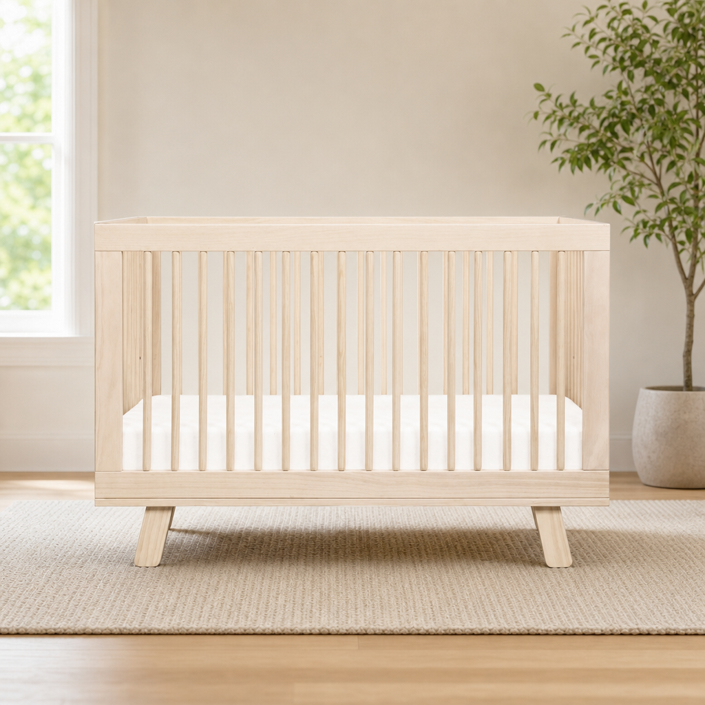 Babyletto Hudson 3-in-1 Convertible Crib, GREENGUARD Gold Certified centered in a warm neutral furnished room