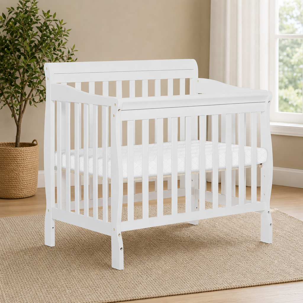 Dream On Me Aden 4-in-1 Convertible Mini Crib centered in a warm neutral furnished room