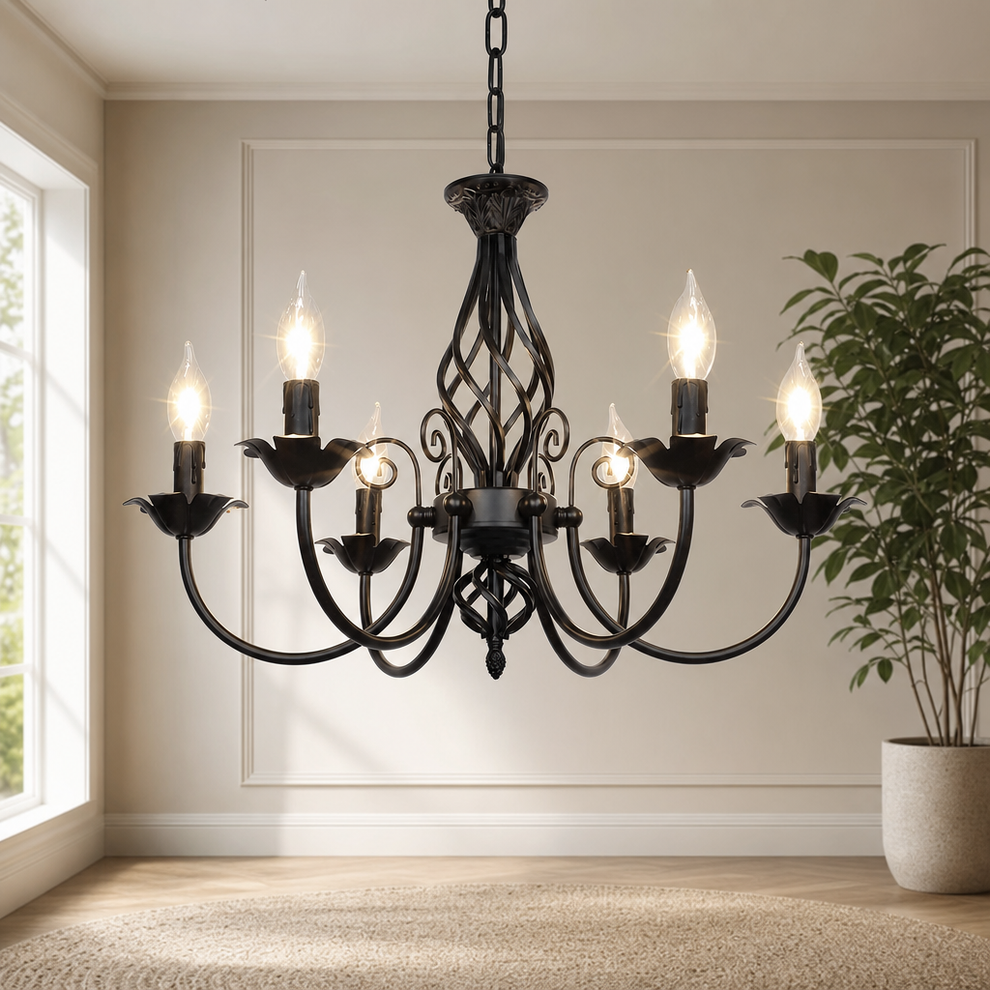 22-Inch Metal Farmhouse Candle Chandelier, 6-Light E12 centered in a warm neutral furnished room