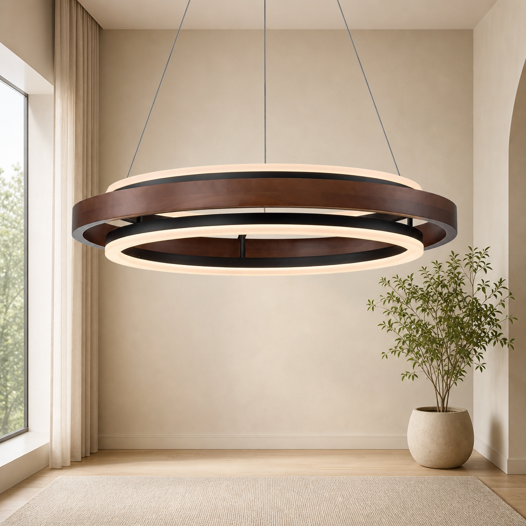 LED Round Chandelier, Walnut-Color Wood, Dimmable, 1- or 2-Ring centered in a warm neutral furnished room