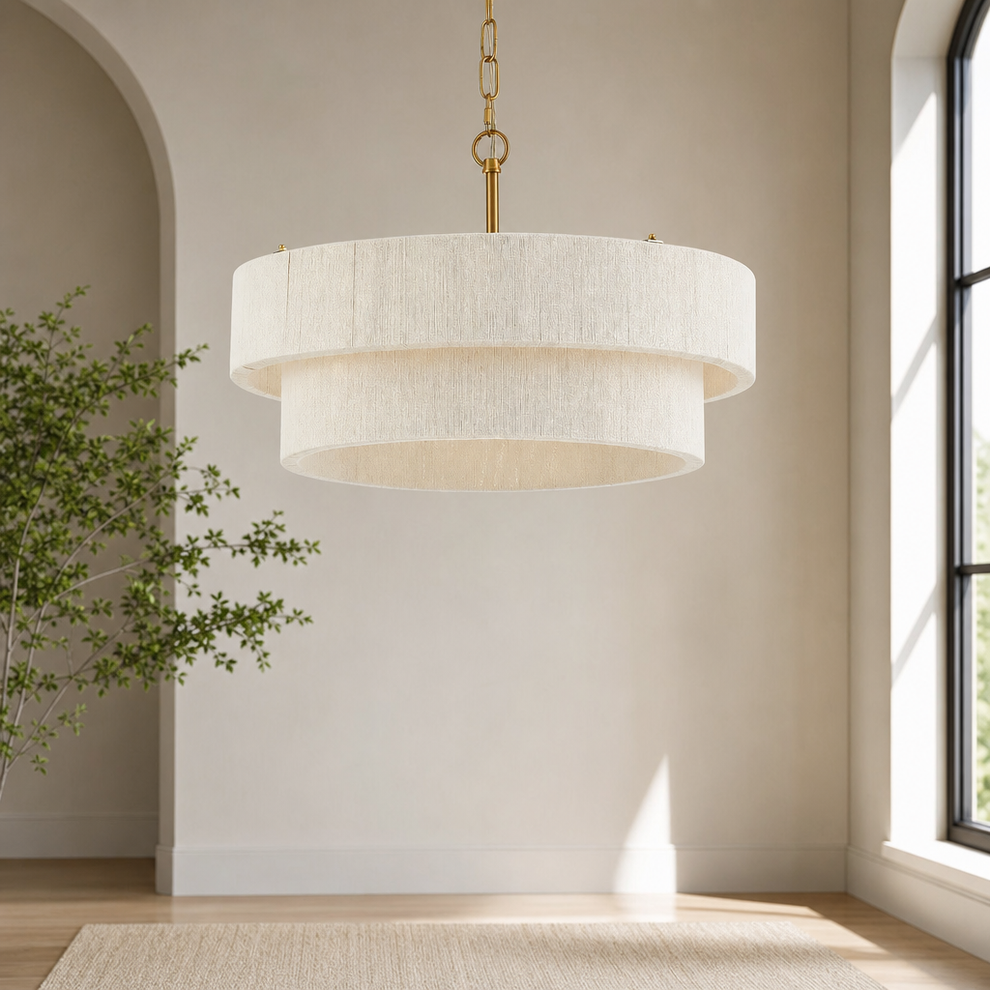 Hand-Woven Rattan Two-Ring Chandelier, 19.69 in Dia, White centered in a warm neutral furnished room