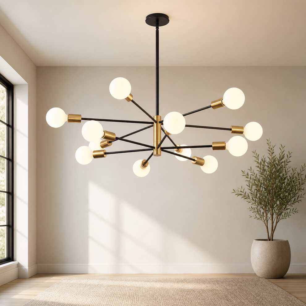 Two-tone 12-light sputnik chandelier suspended in a bright living room with a potted plant, angled front view