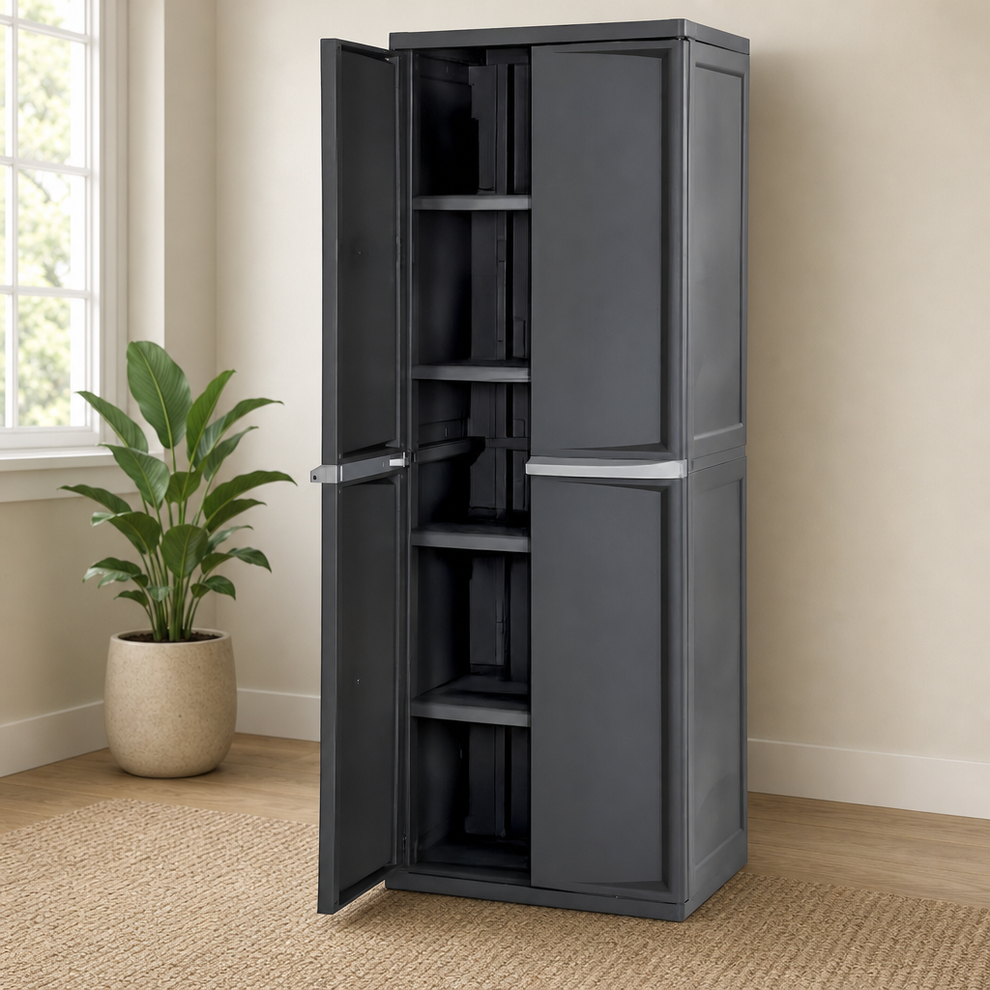 Sterilite 4-Shelf Lockable Plastic Storage Cabinet, Gray, Adjustable Shelves centered in a warm neutral furnished room