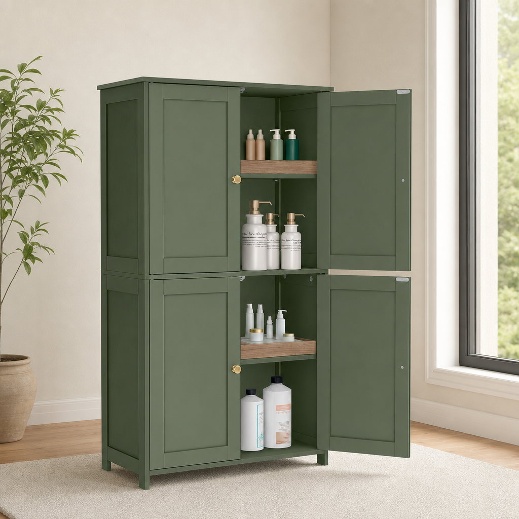 Shaker Freestanding Storage Cabinet — MDF, Adjustable Shelves, Anti-Tip Kit centered in a warm neutral furnished room