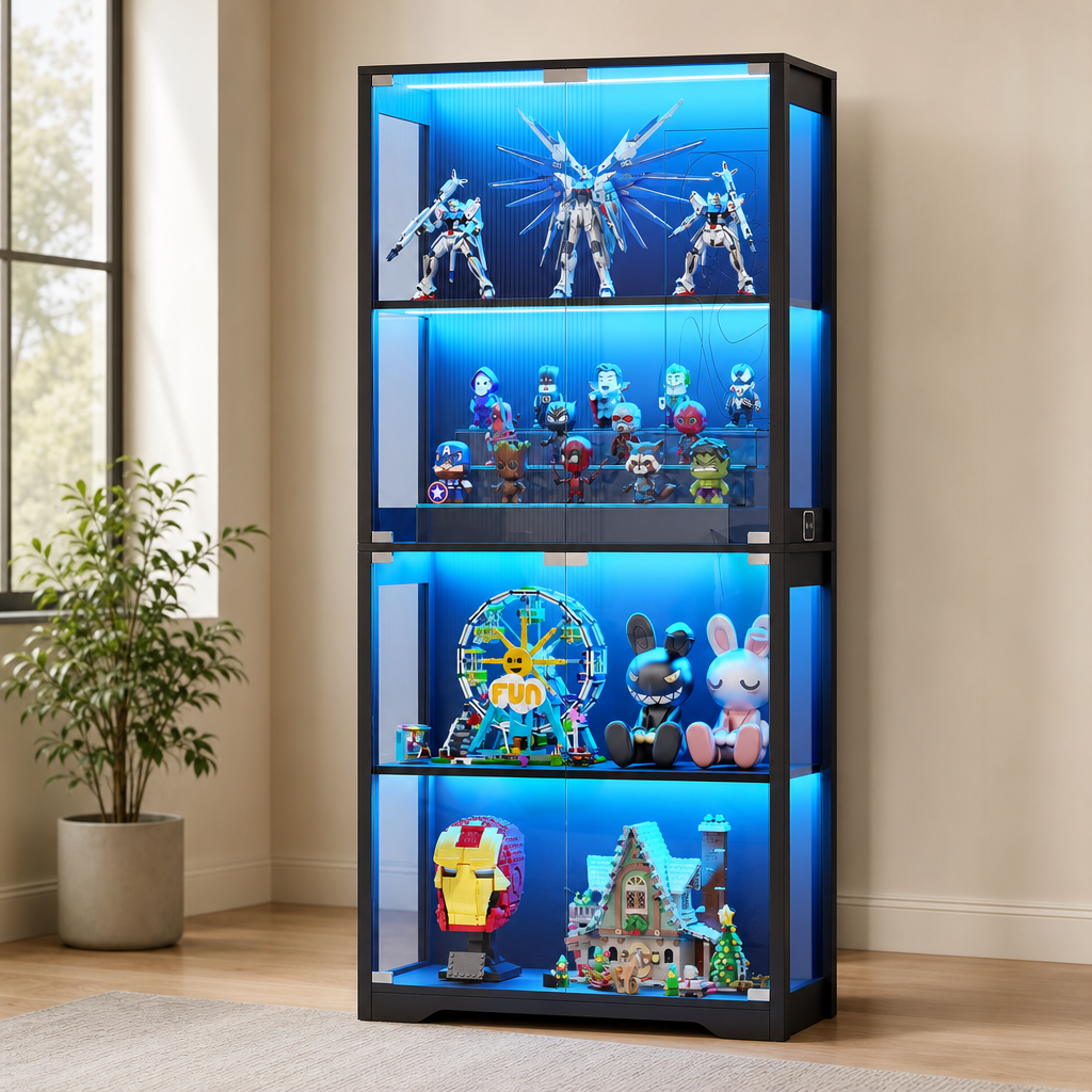 4-Tier Glass Display Cabinet with LED Lighting — 31.5" W × 65" H × 14" D centered in a warm neutral furnished room