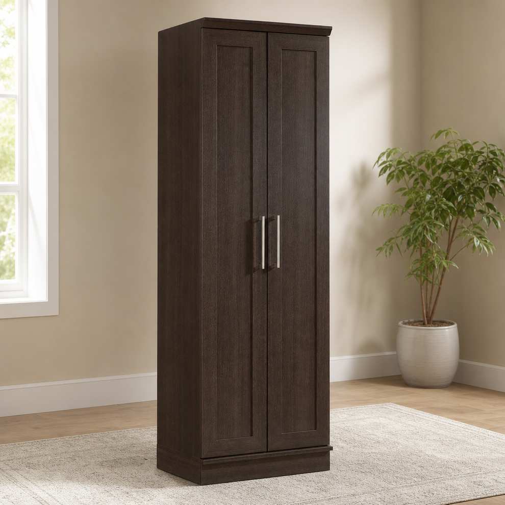 Sauder Tall Storage Cabinet with Four Adjustable Shelves, 23.31" L × 17.01" W × 71 centered in a warm neutral furnished room