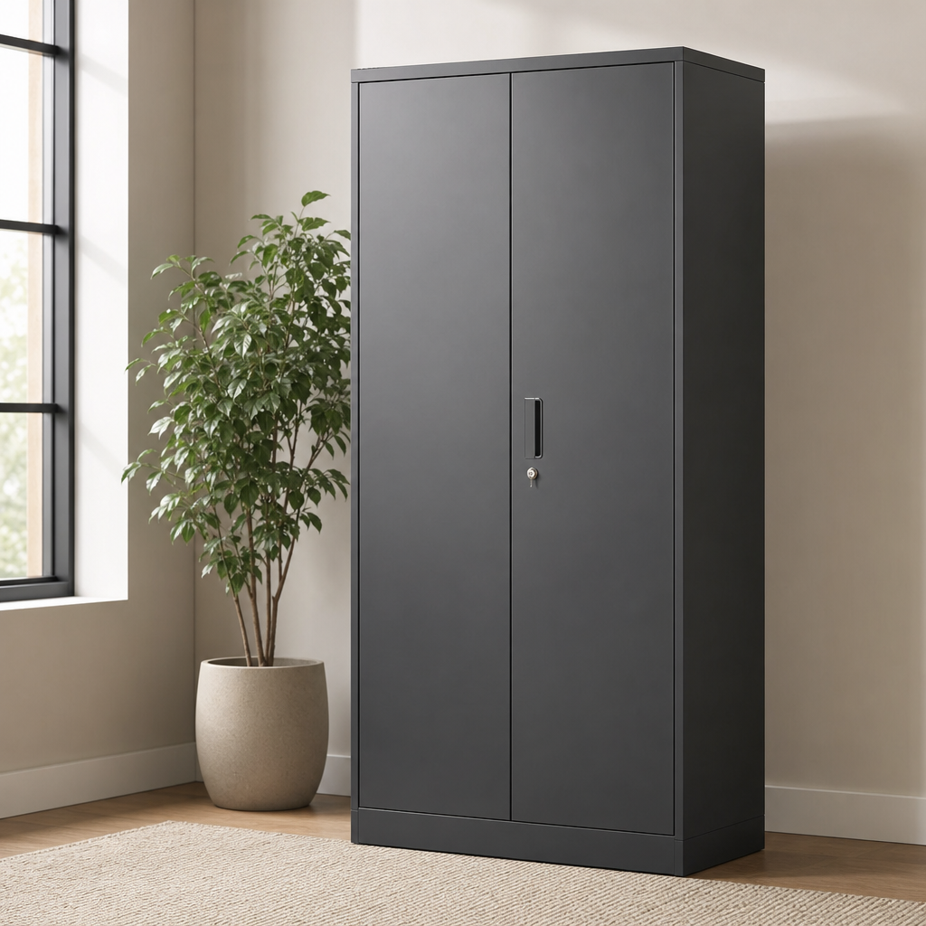 Tall Metal Storage Cabinet with Locking Double Doors and 5 Adjustable Shelves centered in a warm neutral furnished room