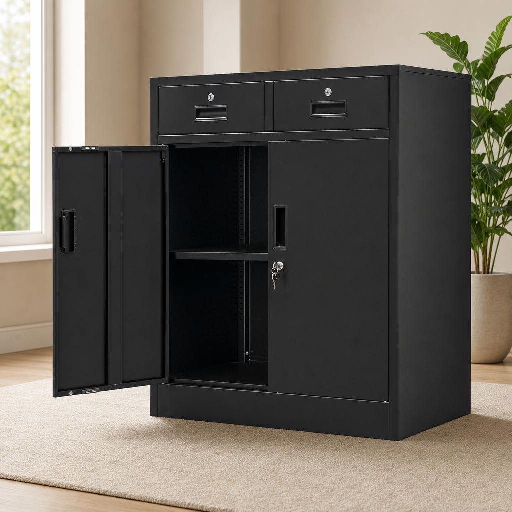 2-Drawer Locking Metal Storage Cabinet with Adjustable Shelf centered in a warm neutral furnished room