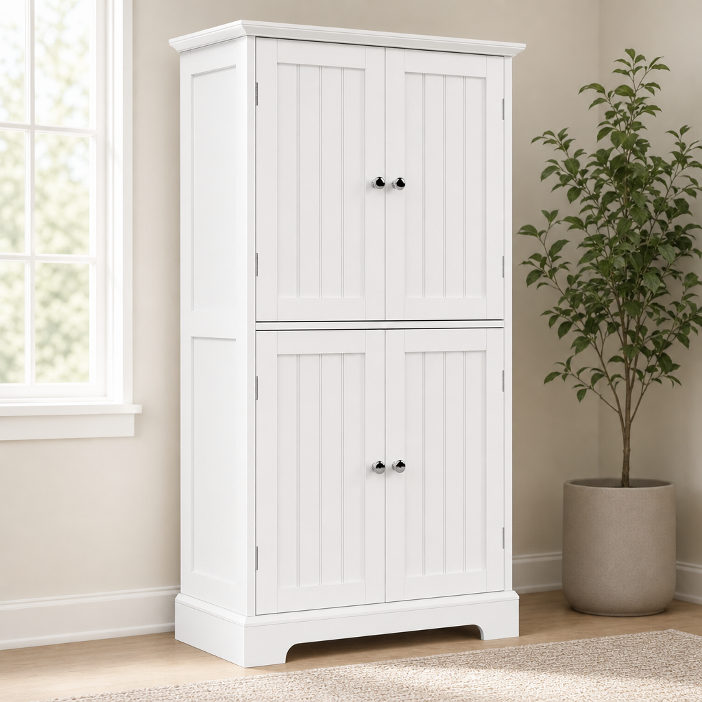 Freestanding Storage Cabinet with 4 Doors and Adjustable Shelves centered in a warm neutral furnished room