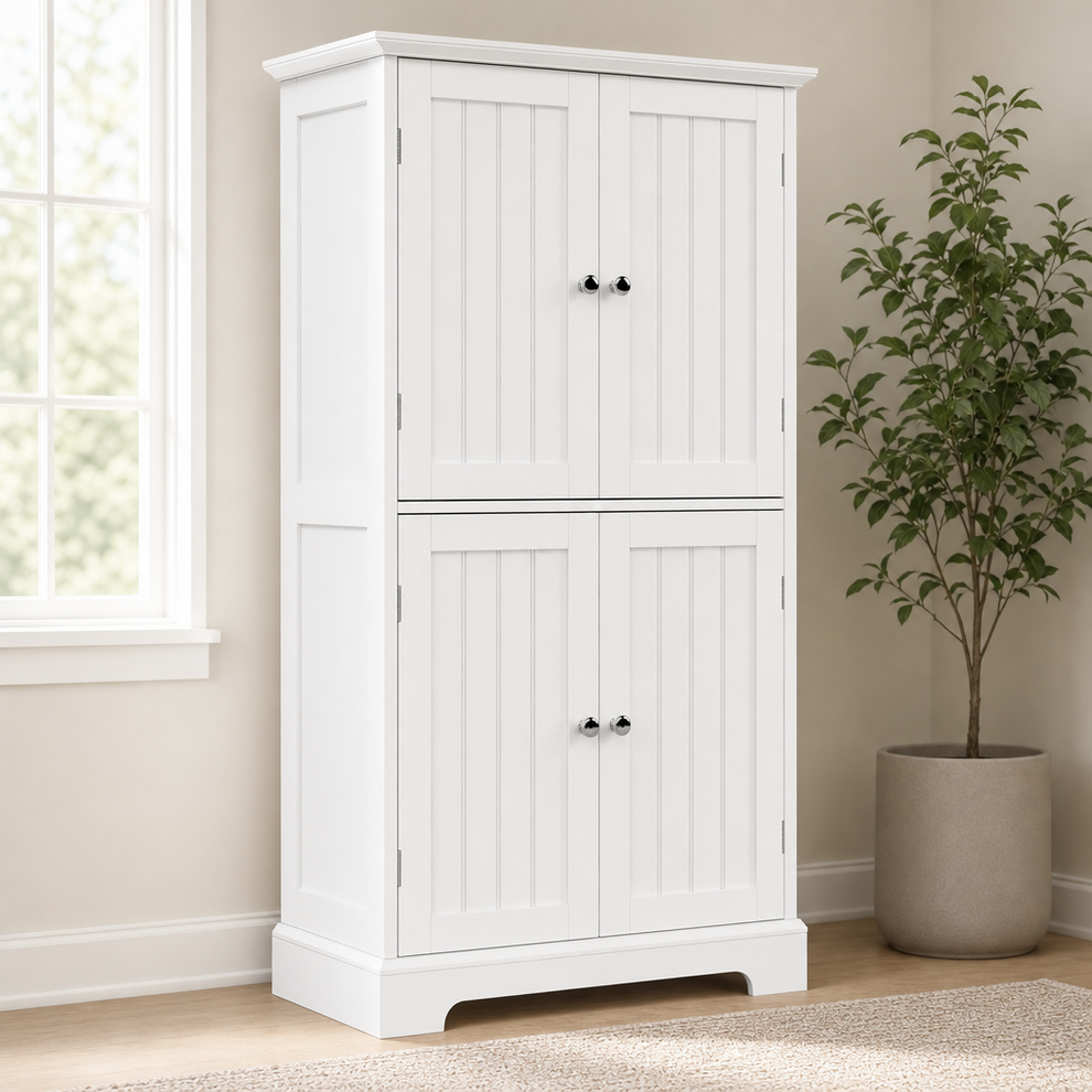 Freestanding Storage Cabinet with 4 Doors and Adjustable Shelves centered in a warm neutral furnished room