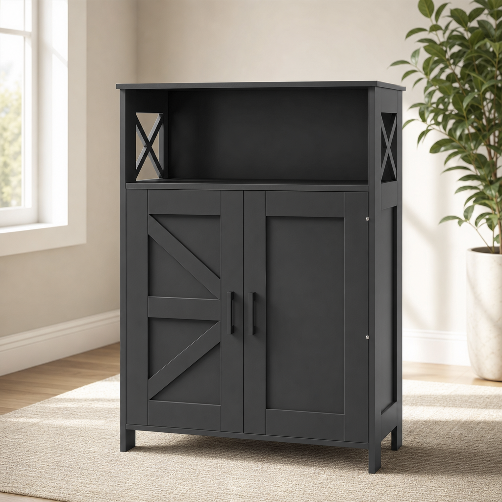 Farmhouse Bathroom Floor Cabinet with X-Metal Accents, Adjustable Shelf centered in a warm neutral furnished room