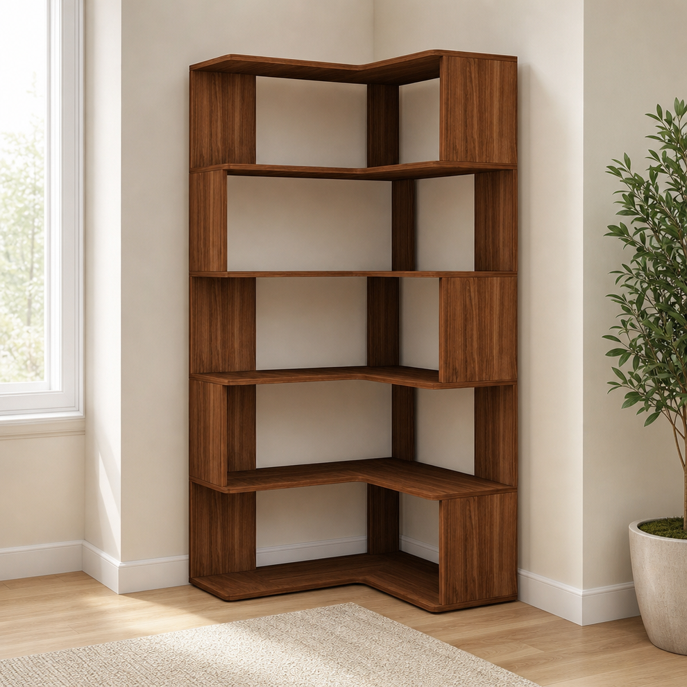6-Tier L-Shaped Corner Bookshelf, Walnut centered in a warm neutral furnished room