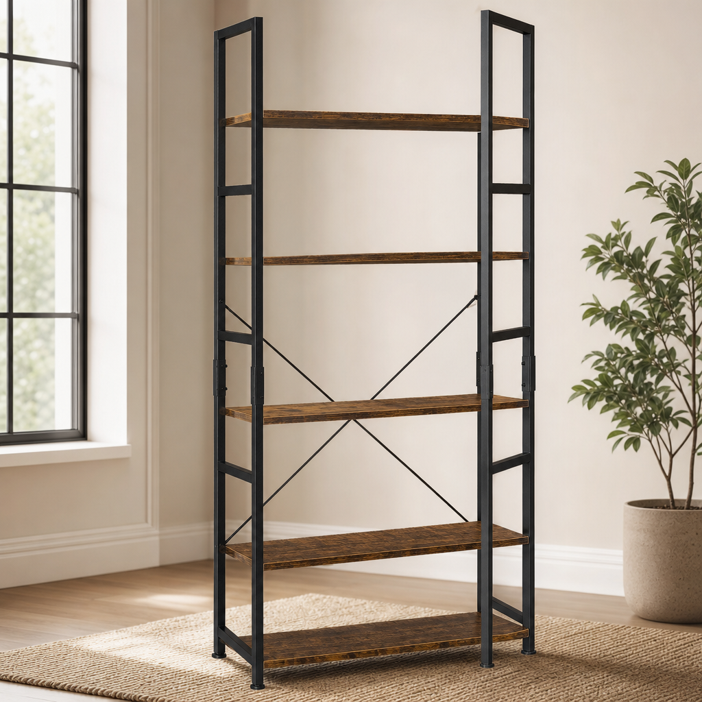 Open Bookcase with Metal Frame and FSC Shelves, 5-Tier 23.6 x 11.8 x 62.2 in centered in a warm neutral furnished room