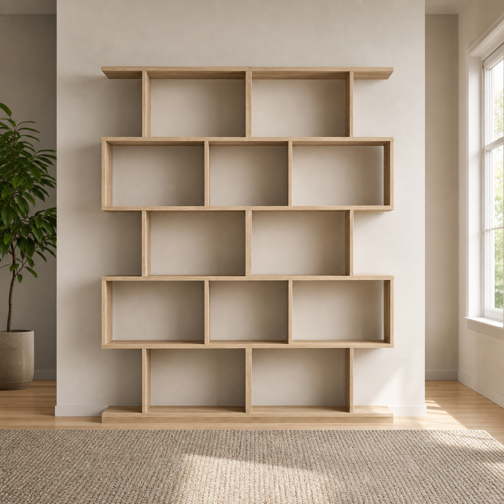 5-Tier S-Shaped Bookcase Set of 2 — 62.6 in Tall Open-Back Room Divider centered in a warm neutral furnished room