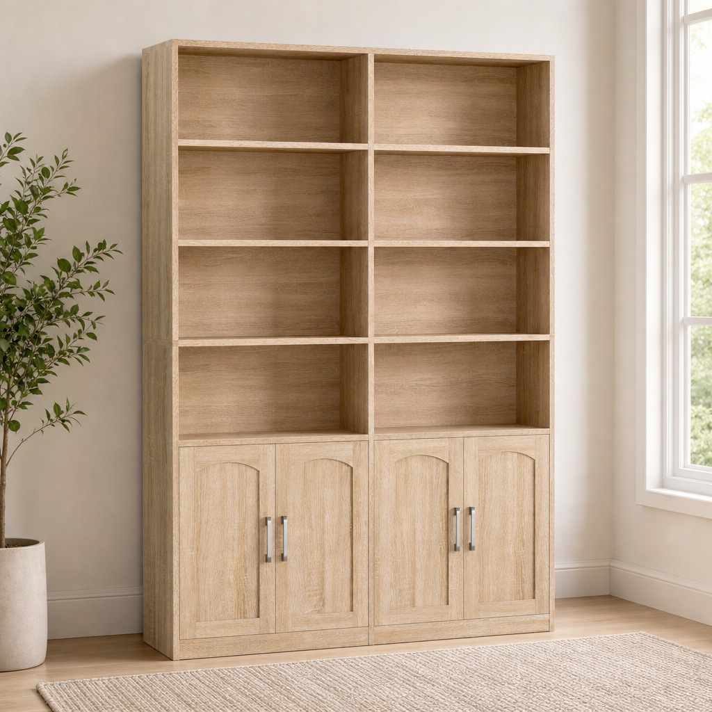 6-Tier Double-Wide Bookshelf with Doors centered in a warm neutral furnished room