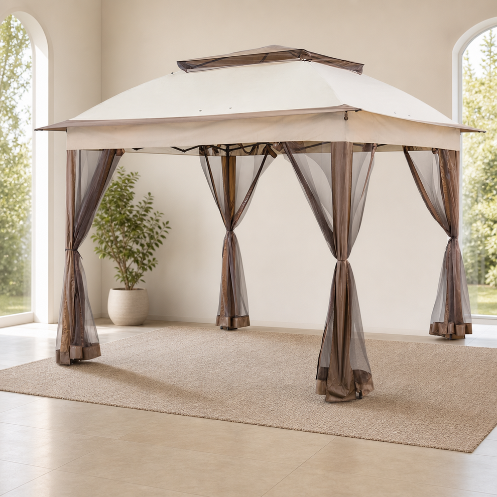 11 ft x 11 ft Pop-Up Gazebo — 200D Oxford Canopy, Vented Double Roof, Zippered Mes centered in a warm neutral furnished room