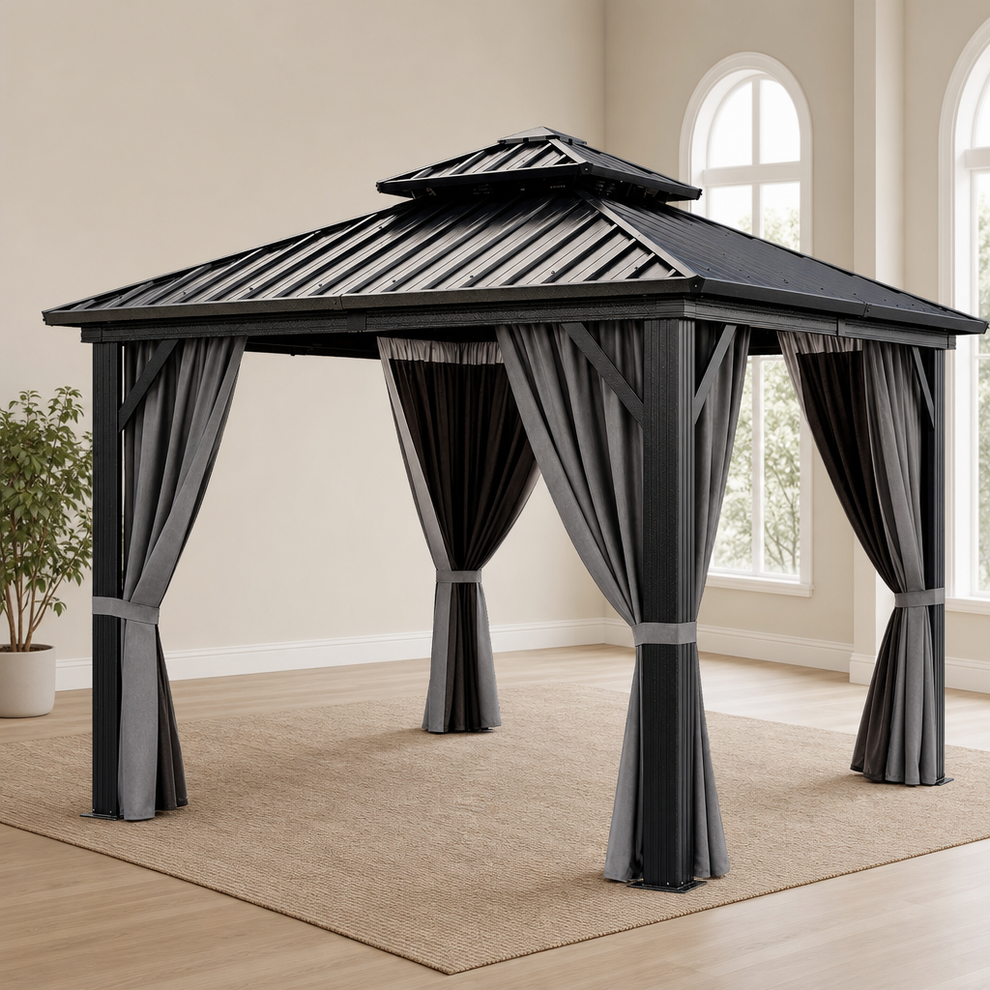 Hardtop Gazebo — Powder‑Coated Aluminum Frame, Vented Double‑Galvanized Roof & Cur centered in a warm neutral furnished room