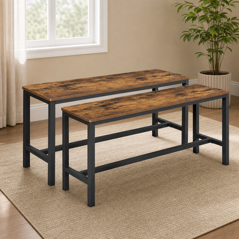 Dining Bench Set of 2, 42.5 in Rustic Brown Top with Black Metal Frame centered in a warm neutral furnished room