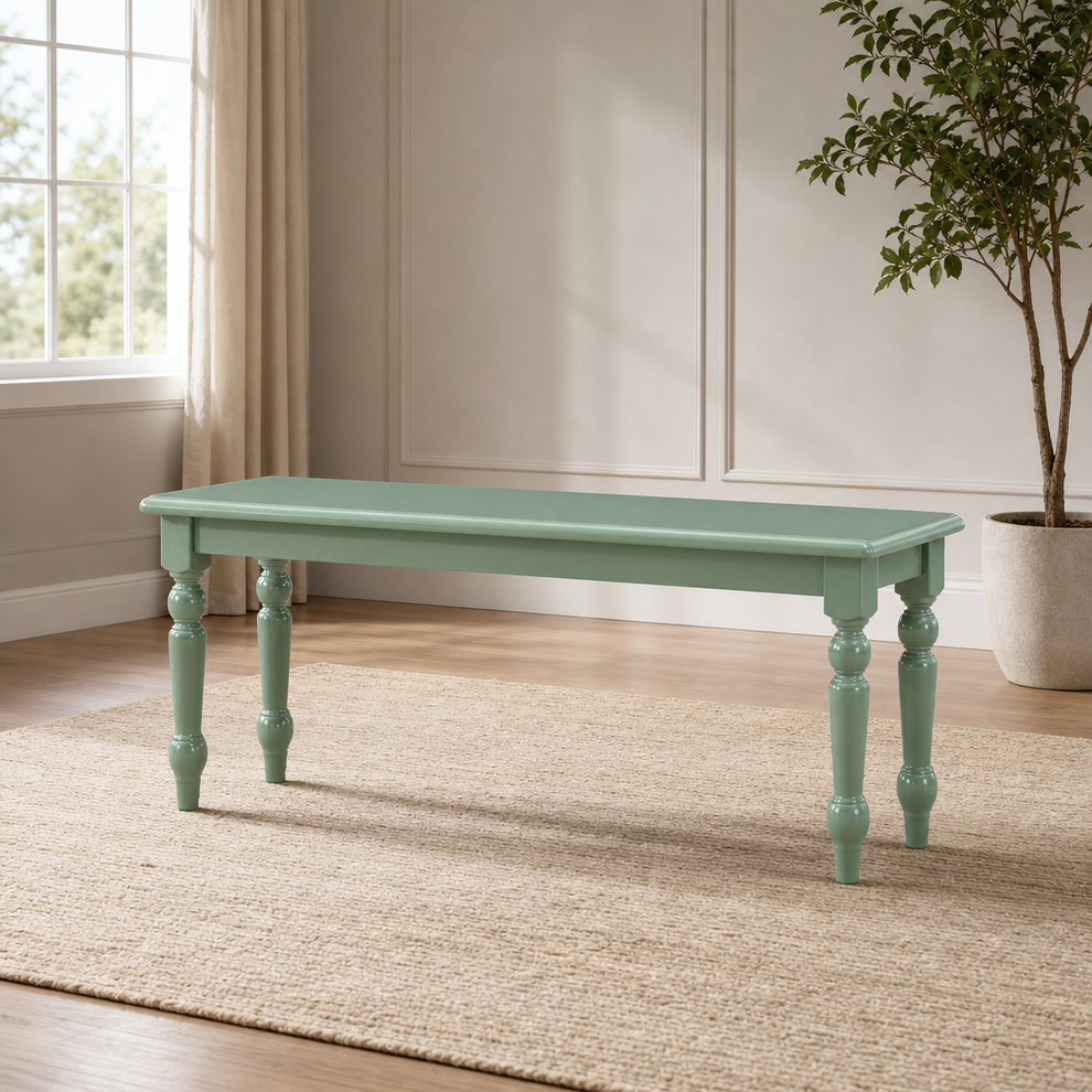 Backless Bench — Rubberwood Frame, Turned Legs & Full Apron, Seats Up to Two centered in a warm neutral furnished room