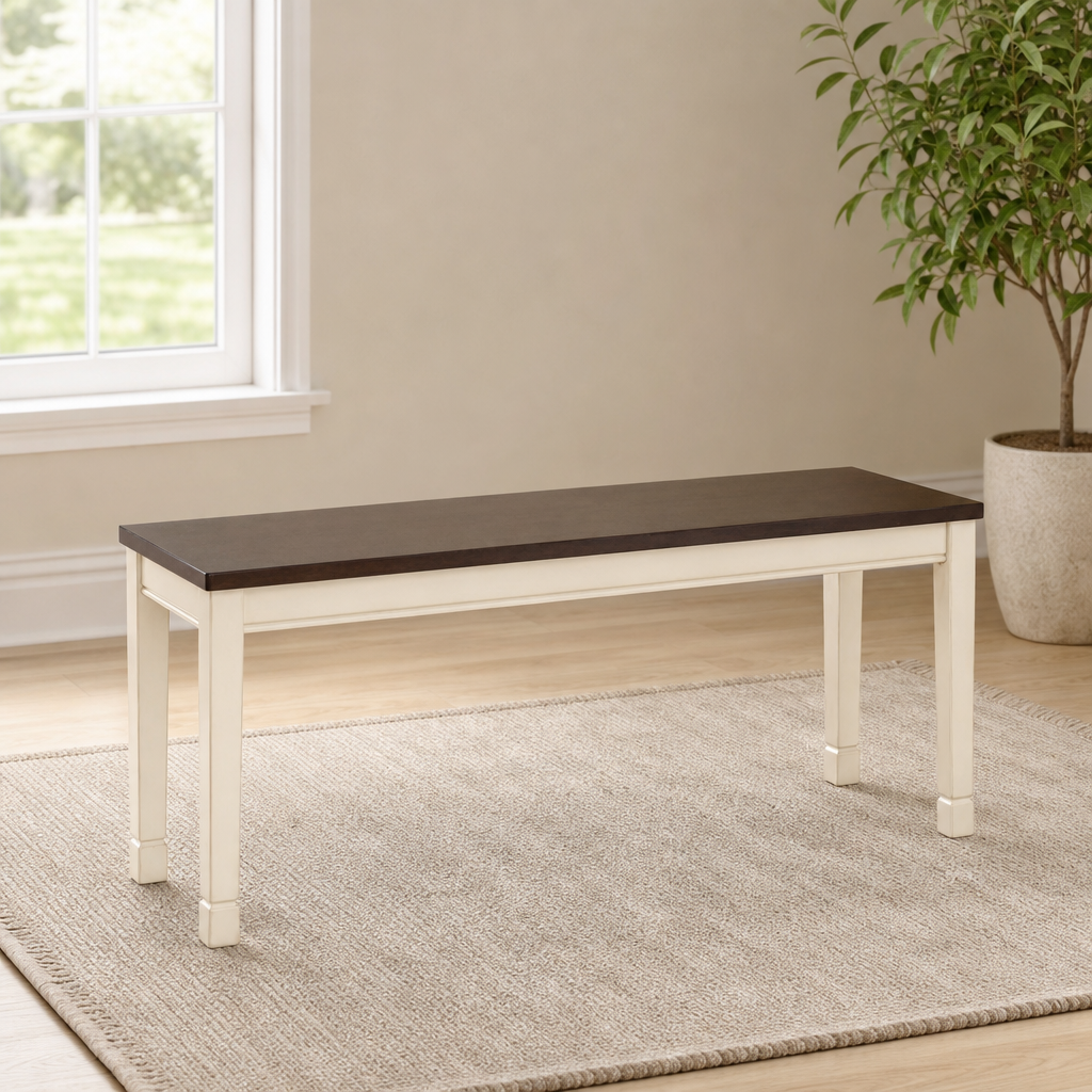 Dining Bench, Two-Tone Cottage Backless Seat, 42"W x 14"D x 18"H centered in a warm neutral furnished room