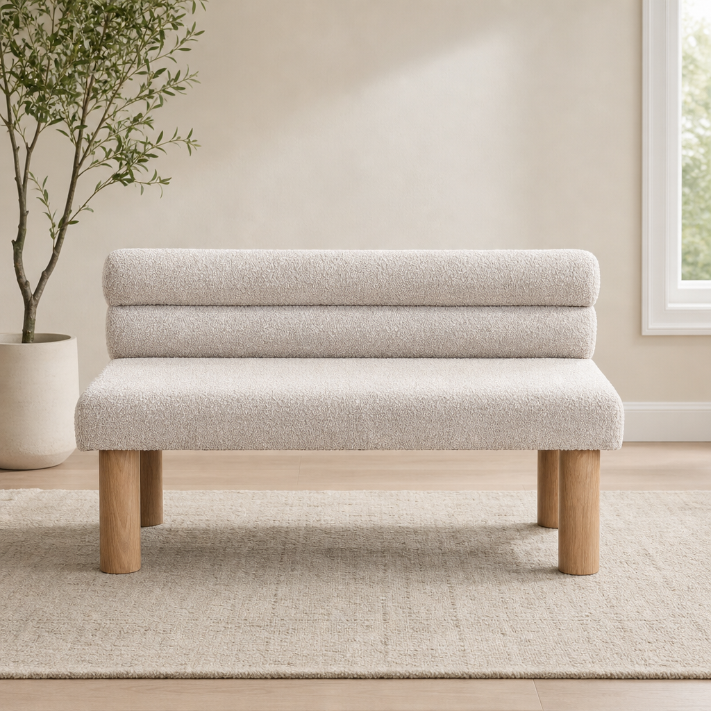 Christopher Knight Boucle Upholstered Dining Bench with Rubberwood Legs, 51.77" L centered in a warm neutral furnished room