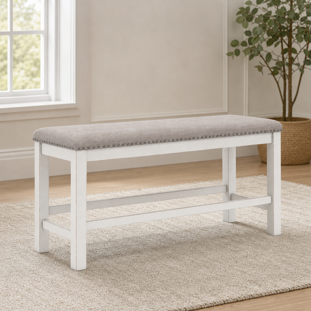 Counter-Height Dining Bench, 49.63" W, Light Gray Upholstered Seat, Antiqued White centered in a warm neutral furnished room