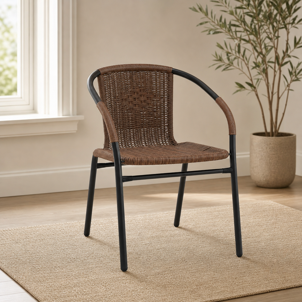 Flash Furniture Rattan Indoor/Outdoor Dining Chair with Armrests, Stackable centered in a warm neutral furnished room