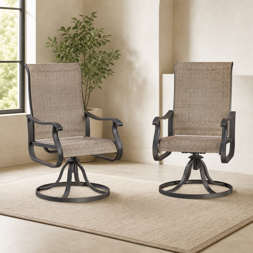 High-Back Swivel Rocking Patio Dining Chair — Textilene Sling, 360° Swivel & 15° R centered in a warm neutral furnished room