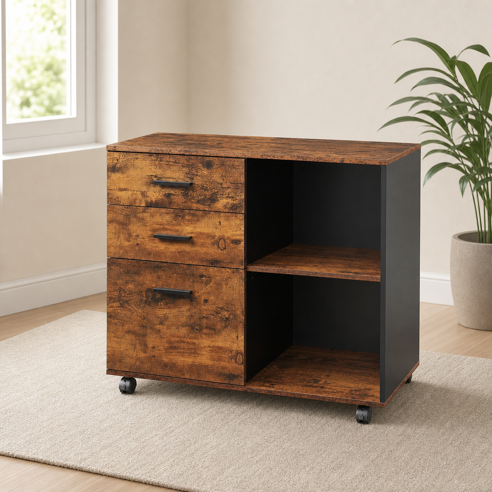 3-Drawer Mobile File Cabinet with Open Shelf, 31.3" W, Wood Board centered in a warm neutral furnished room