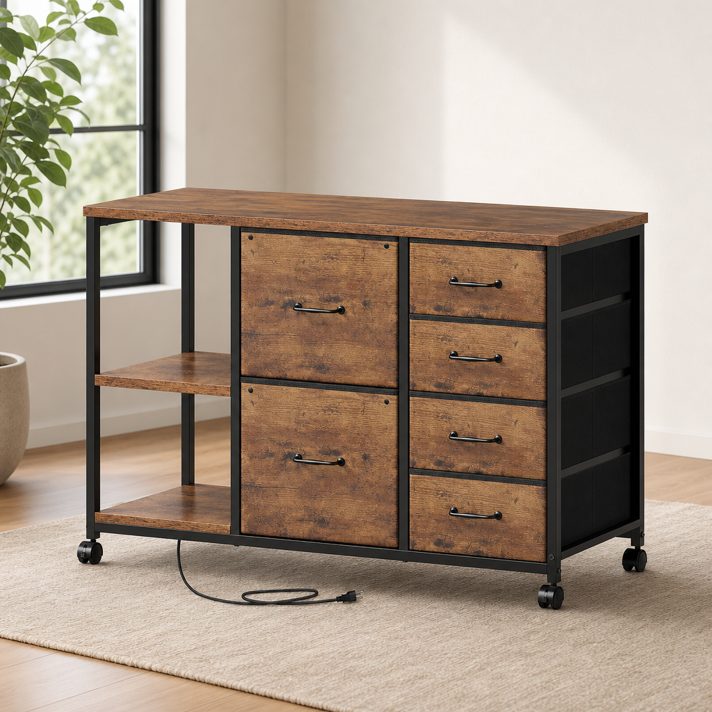 6-Drawer Rolling File Cabinet with Charging Station & Open Shelves centered in a warm neutral furnished room