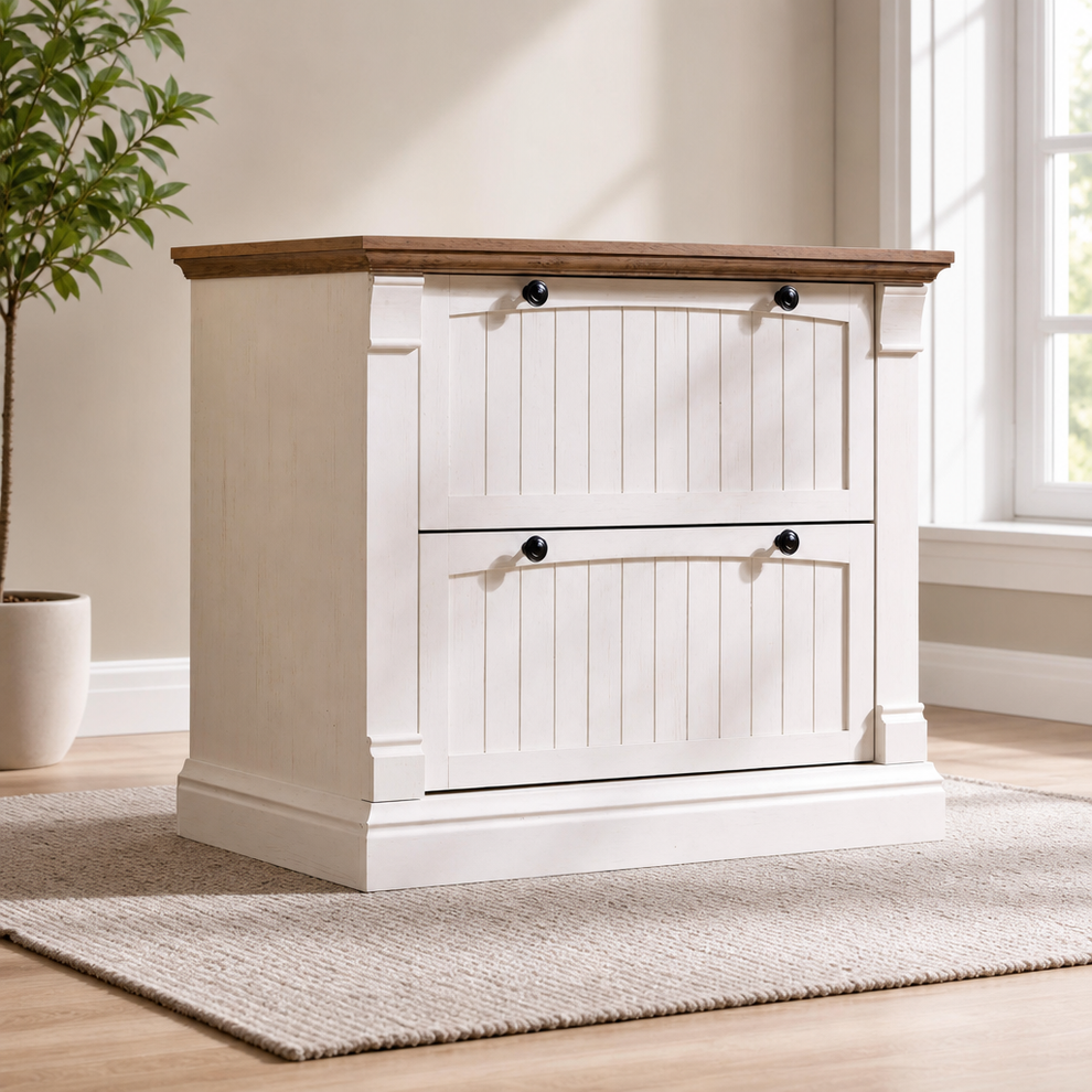 35.3" Farmhouse Two-Drawer Lateral File Cabinet with Faux Wood Top, Antique White centered in a warm neutral furnished room