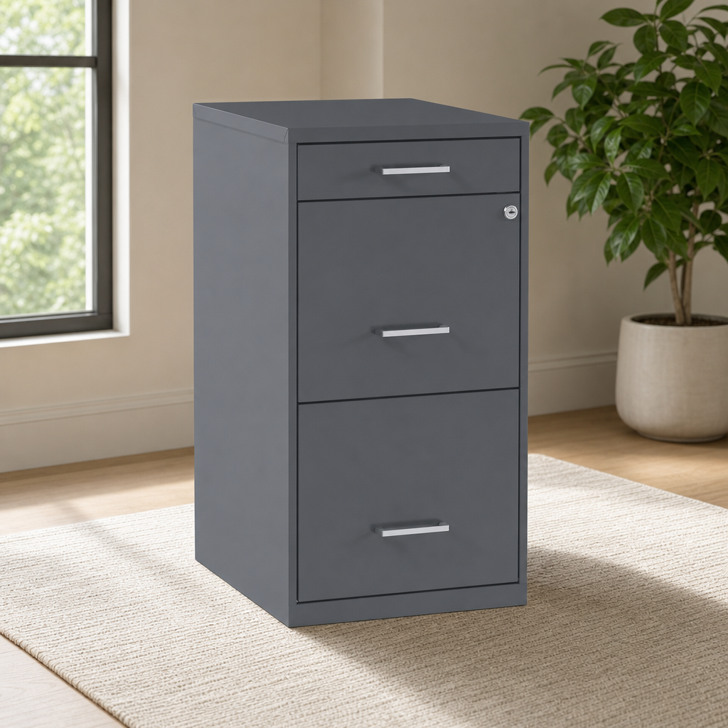 3-Drawer Vertical File Cabinet — Letter Size, Lockable, Charcoal centered in a warm neutral furnished room