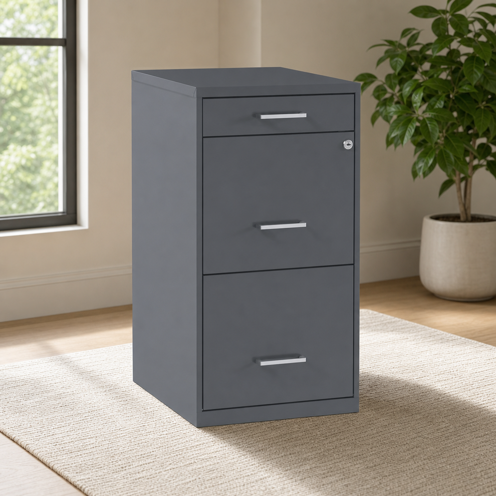 3-Drawer Vertical File Cabinet — Letter Size, Lockable, Charcoal centered in a warm neutral furnished room