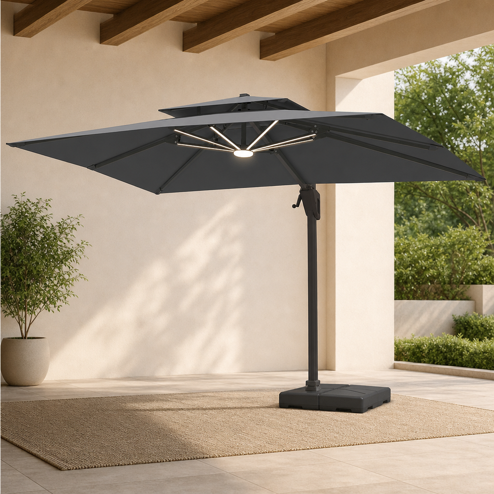 10' x 13' Cantilever Patio Umbrella with LED Lights centered in a warm neutral furnished room