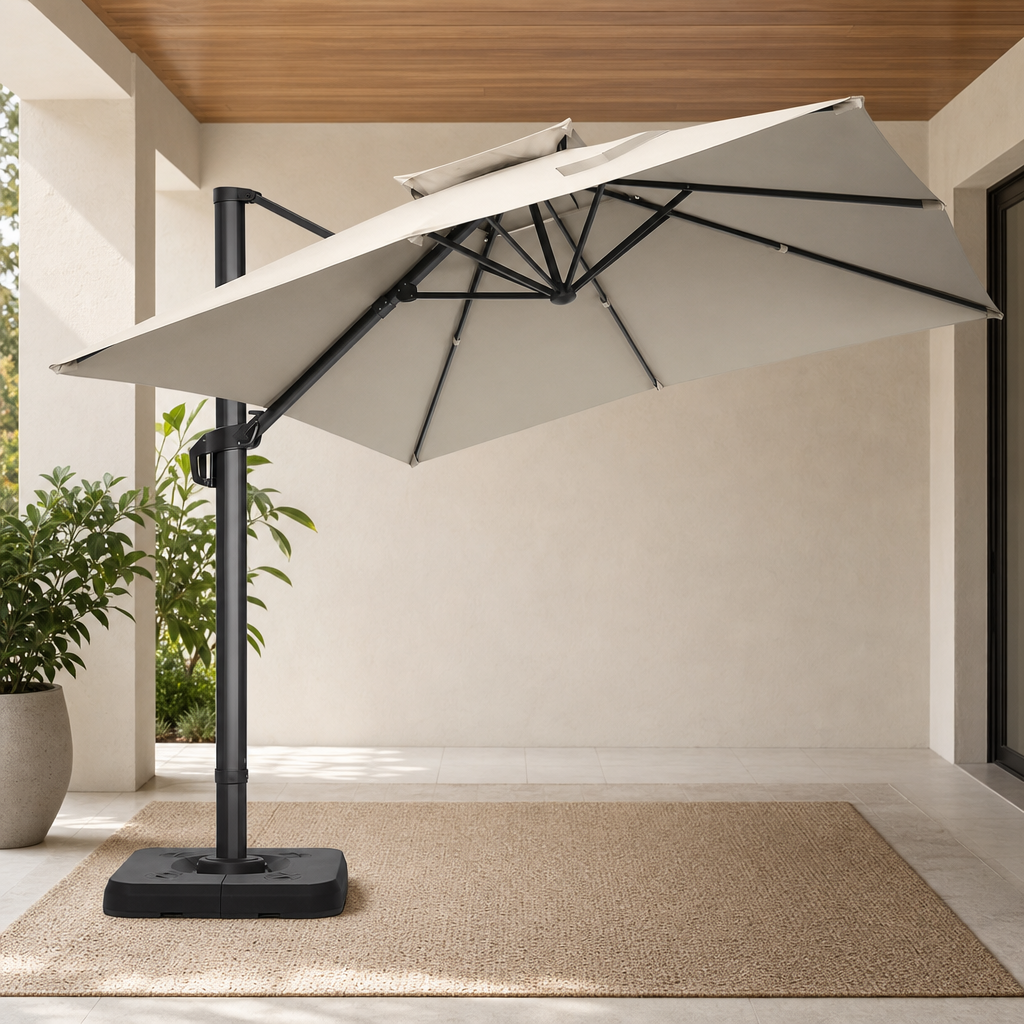 10x10 ft Cantilever Patio Umbrella — Offset Pole, Double-Top Vent, 360° Rotation centered in a warm neutral furnished room
