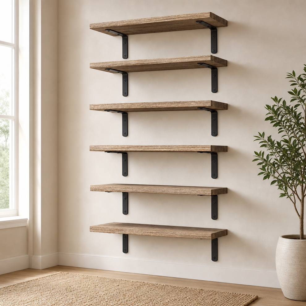 Solid Wood Floating Shelves, Set of 6, 16.5 in x 6 in, Rustic Brown centered in a warm neutral furnished room