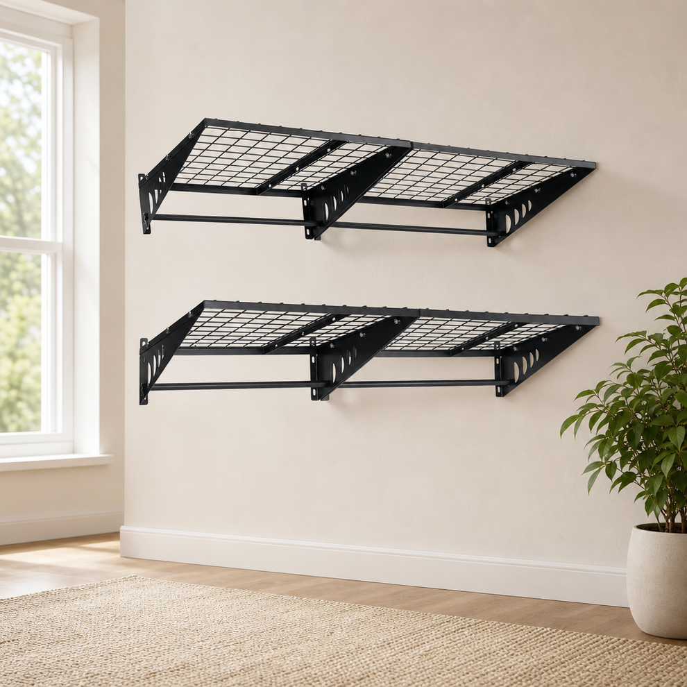 Wall-Mounted Steel Storage Shelves, 4-Pack — Black, 2x2 ft or 2x3 ft centered in a warm neutral furnished room