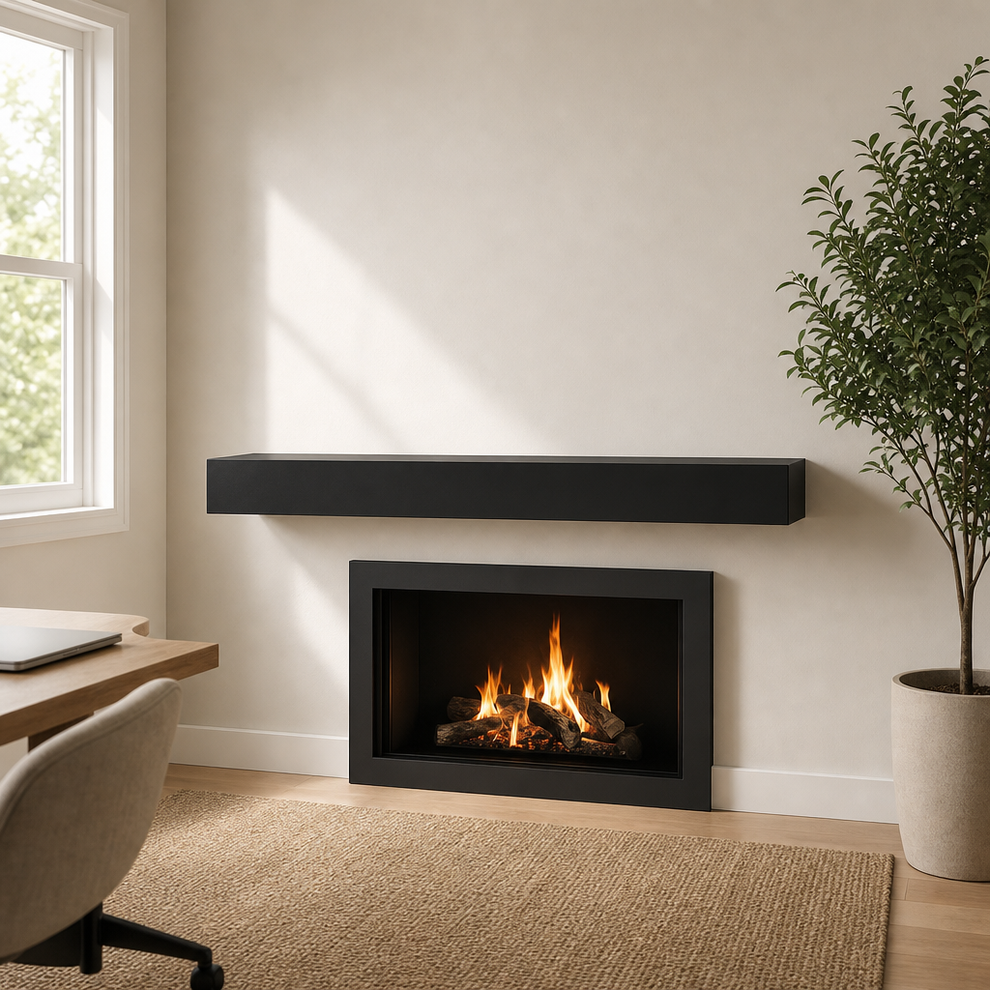 Floating Fireplace Mantel Shelf — Matte Lacquer Finish, 60/66/72 in centered in a warm neutral furnished room