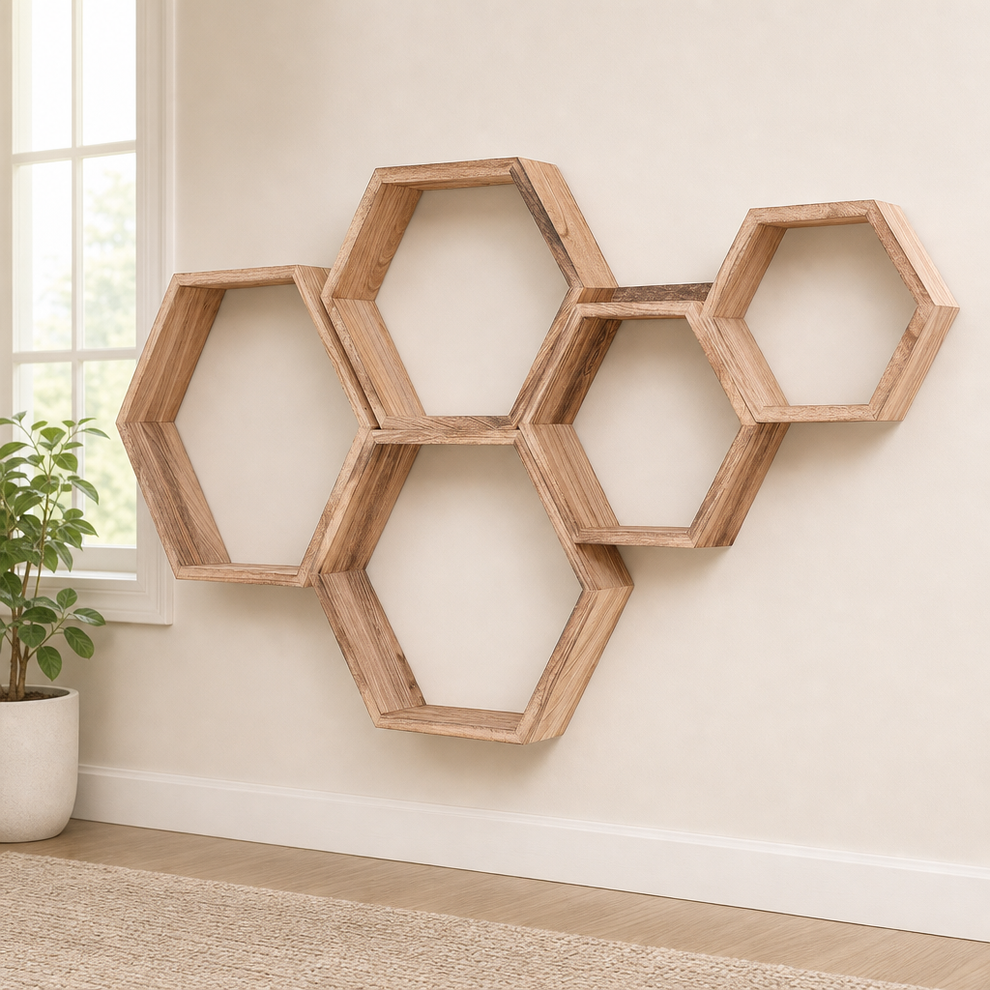 Floating Hexagonal Wall Shelves, Solid Wood Driftwood Finish — 5/6/8/10-Pc Sets centered in a warm neutral furnished room