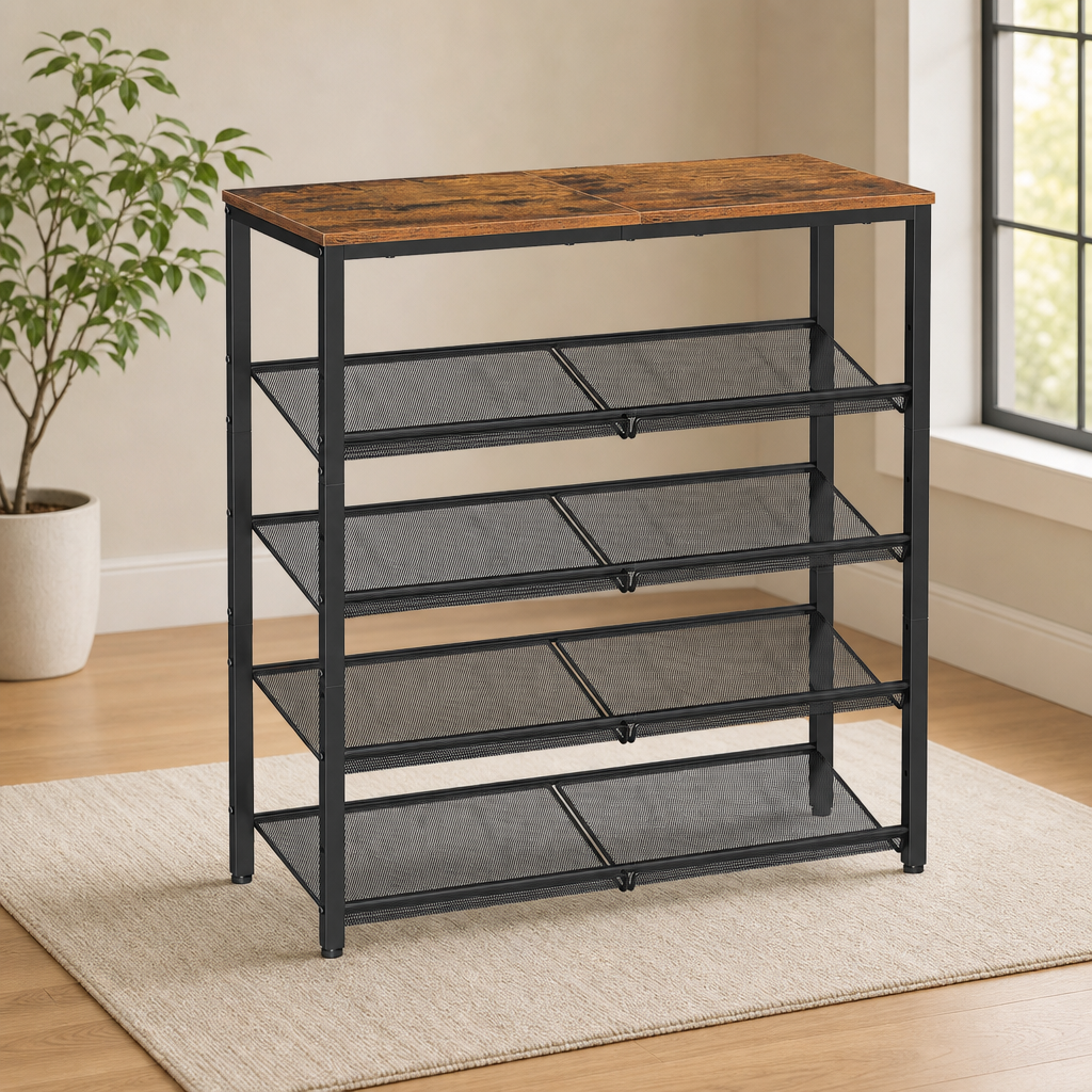 Adjustable Freestanding Shoe Rack with Top Shelf, Mesh Shelves, 3–6 Tiers centered in a warm neutral furnished room