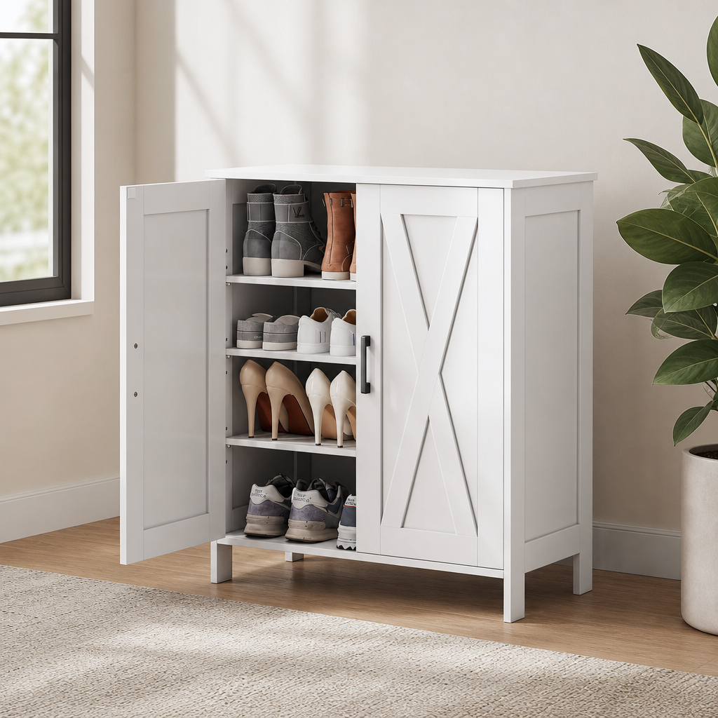 Shoe Cabinet with Barn Doors, Wood Legs and Adjustable Shelves, Holds 15 Pairs centered in a warm neutral furnished room