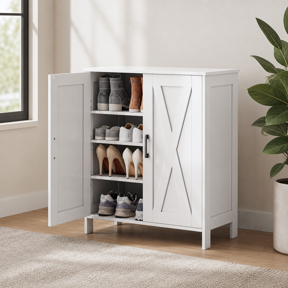 Shoe Cabinet with Barn Doors, Wood Legs and Adjustable Shelves, Holds 15 Pairs centered in a warm neutral furnished room
