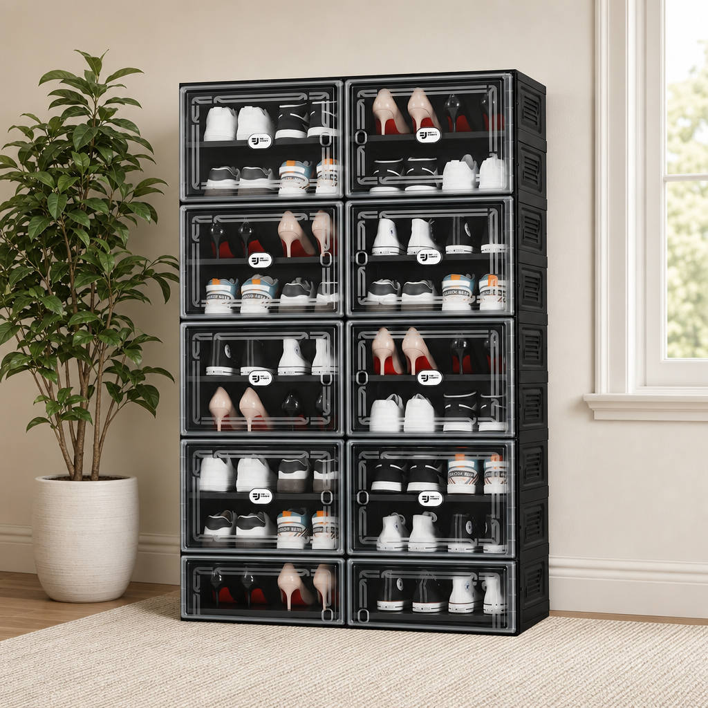 2Row 10Tier Shoe Cabinet — Black with Clear Magnetic Doors, Holds 40 Pairs centered in a warm neutral furnished room