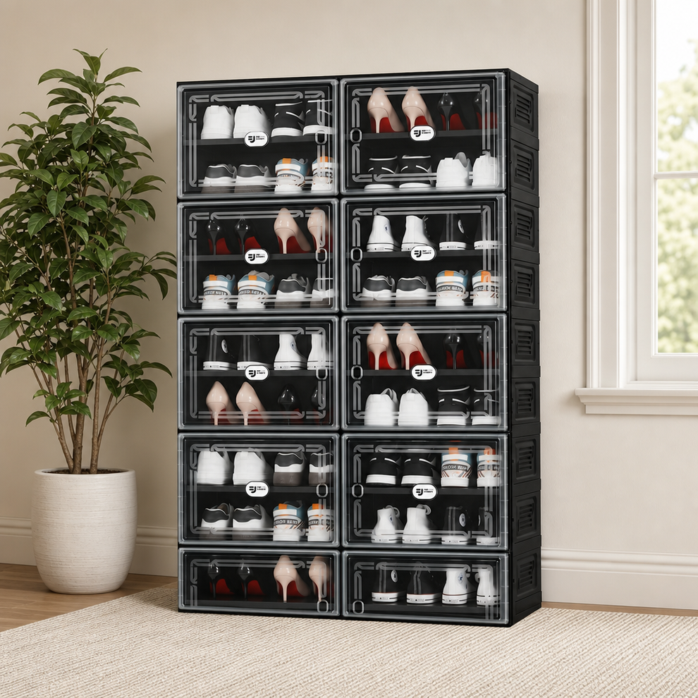 2Row 10Tier Shoe Cabinet — Black with Clear Magnetic Doors, Holds 40 Pairs centered in a warm neutral furnished room