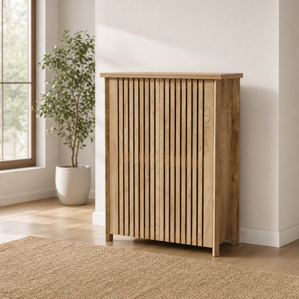 6-Tier Shoe Cabinet with Louvered Doors, Farmhouse Entry Storage, 31.49" W x 13.77 centered in a warm neutral furnished room