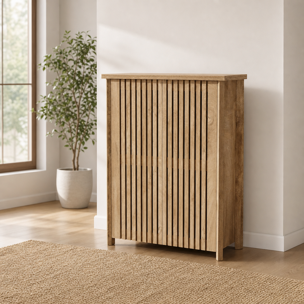 6-Tier Shoe Cabinet with Louvered Doors, Farmhouse Entry Storage, 31.49" W x 13.77 centered in a warm neutral furnished room