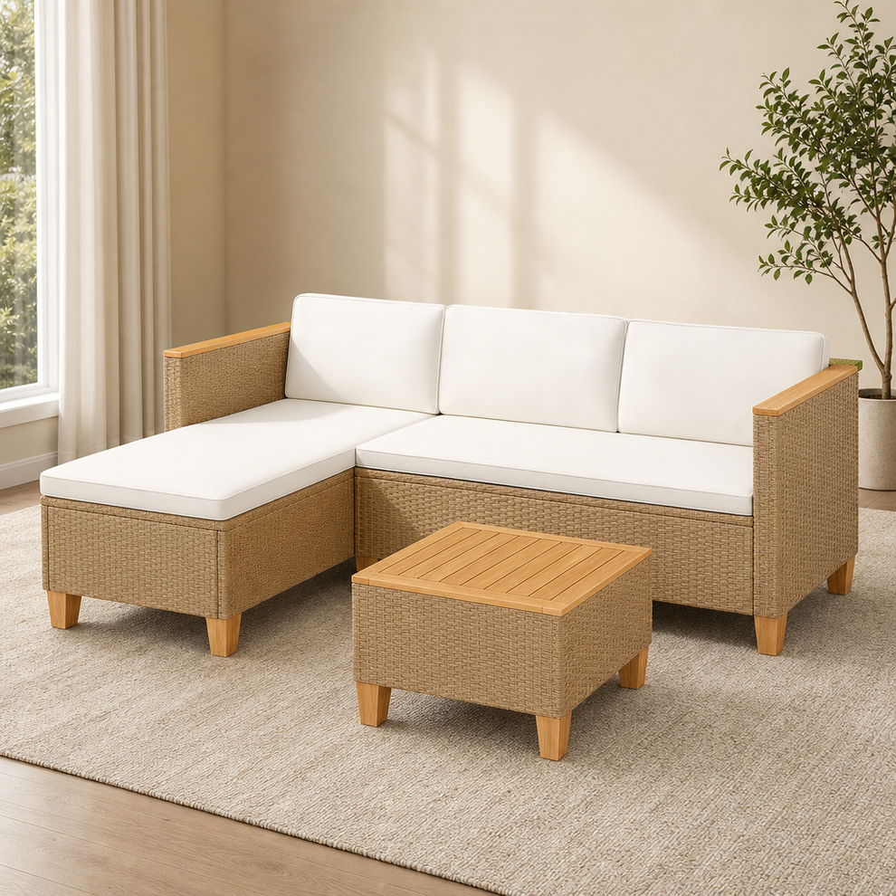 Modular Wicker Rattan Patio Sectional with Wood-Top Coffee Table — 4- or 6-Seat centered in a warm neutral furnished room