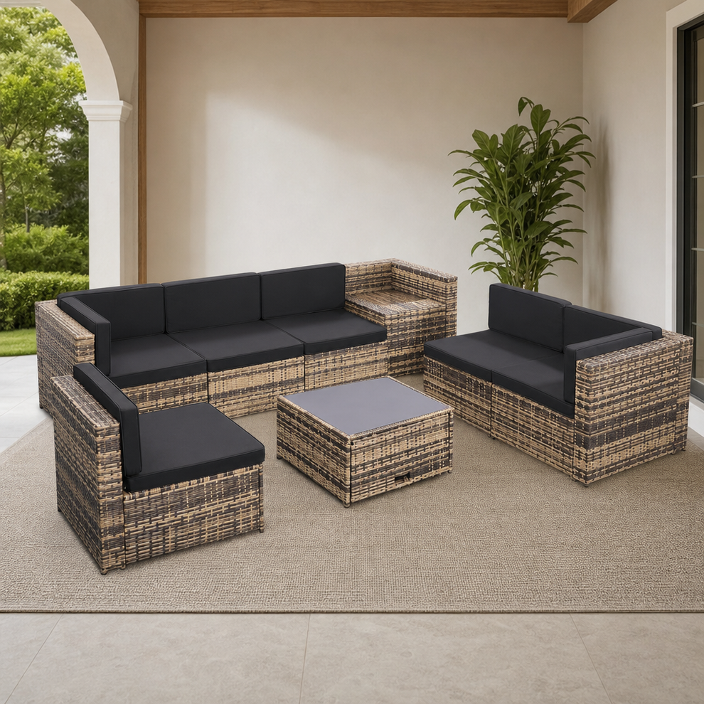 Modular Outdoor Rattan Patio Conversation Set — 4/6/8-Piece, Waterproof Cushions & centered in a warm neutral furnished room