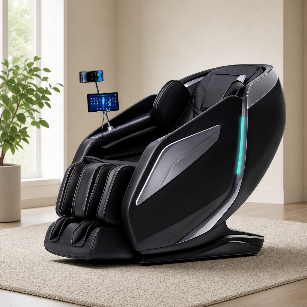 Full-Body Massage Chair Zero Gravity Recliner, 55" SL-Track, 40 Airbags, Bluetooth centered in a warm neutral furnished room